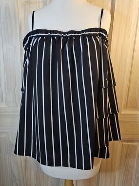 Chico's Black and White Vertical Stripe Off-Shoulder Blouse